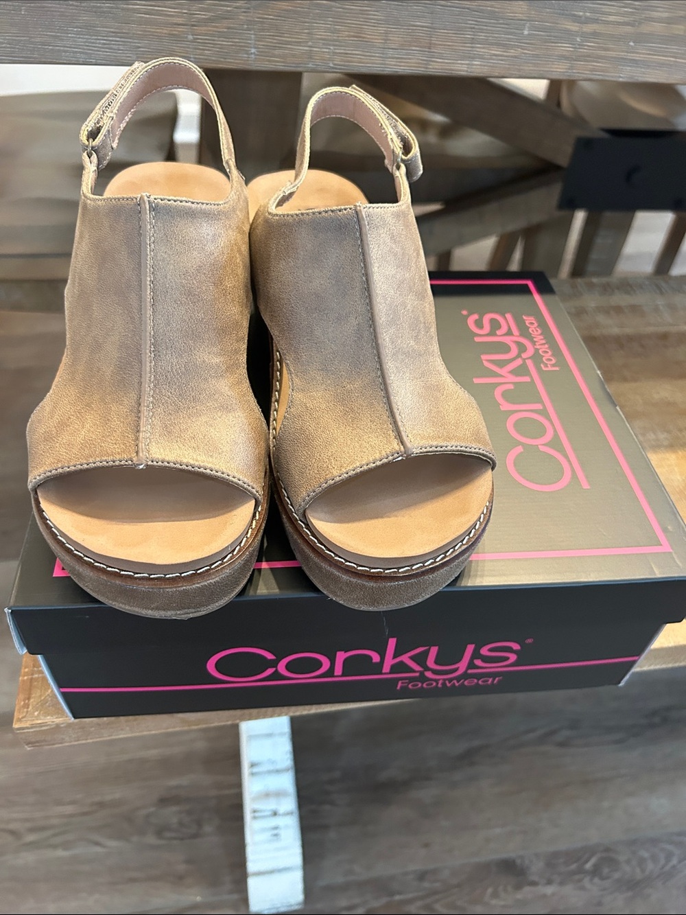 Corkys Carley Taupe Open-Toe Slingback Wedge Sandals with adjustable strap